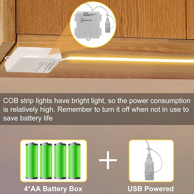 Battery Powered COB LED Strip Lights 6.6Ft 640 LED Dimmable Light Strip | Cuttable Flexible LED Tape Light for Bedroom Dormitory Tent TV Under Cabinet DIY Lighting (Warm White 2700k)