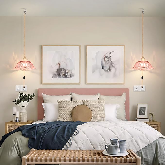 Plug in Pendant Light Fixtures,Hanging Light Fixture Corded On/Off Switch,10.6in E26 Pink Glass Lampshade Pendant Lighting for Kitchen Island, Bedroom, Dining Room