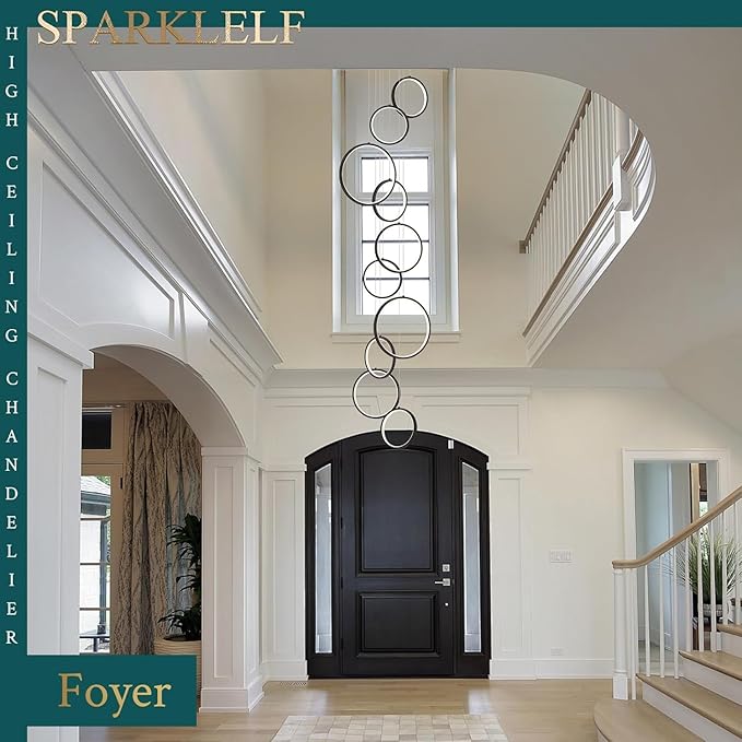 10 Rings Modern LED Chandelier for High Ceiling Dimmable Black Contemporary Pendant Light Fixture Long Foyer Chandelier for Entryway Staircase Dining Room Living Room, 3000-6500K