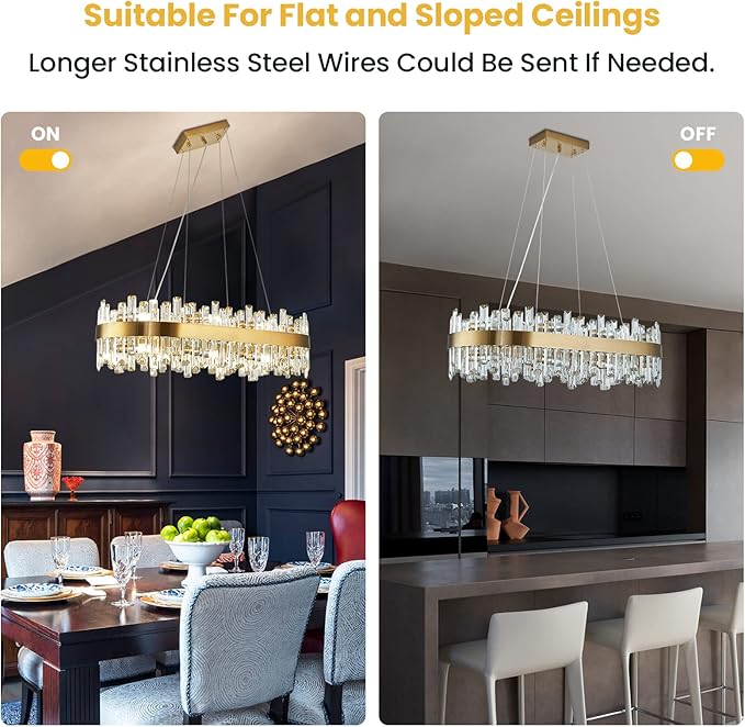Siljoy Modern Crystal Chandelier 16-Light Luxury Gold Rectangle K9 Crystal Raindrop Chandelier Dimmable Oval Crystal Ceiling Light for Dining Room Living Room Foyer Entryway L35.4''
