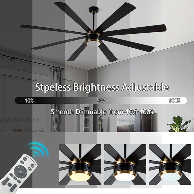 SHOWDI Ceiling Fan with Lights and Remote Control, 8 Blade App Commercial Industrial Ceiling Fan with Lights Reversible Stepless Brightness and Color Temperature(Black-Gold, 84 Inch)