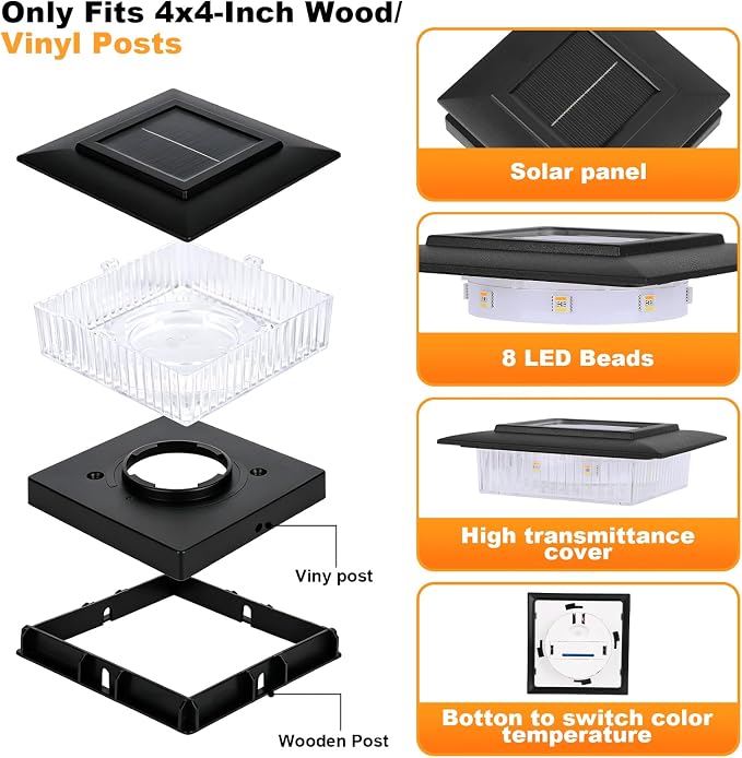 4x4 Solar Post Cap Lights, 13 Lighting Modes RGB Post Solar Lights Outdoor | 8 LED IP44 Waterproof Solar Deck Lights, for 4x4 3.5x3.5 Wood/Vinyl Fence Post