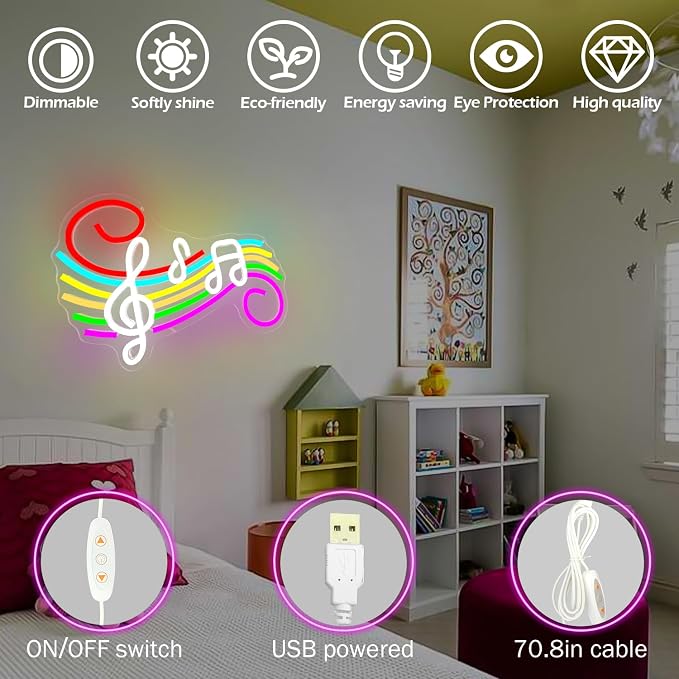 Music Neon Sign Musical Staff Note Led Wall Decor Dimmable Music Studio Decor neon light sign for Classroom Bedroom Gifts for Teacher Students Kids