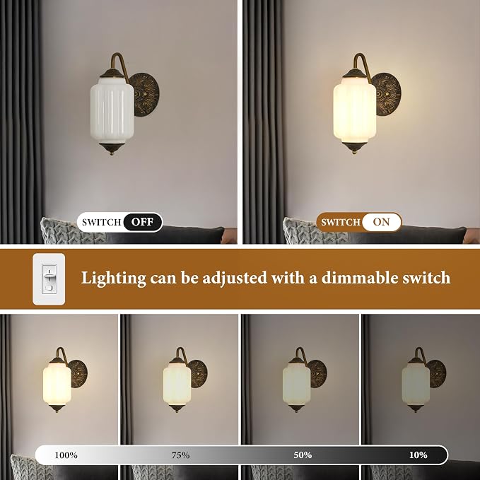 Vintage Milk Glass Wall Sconce - Antique Brass Gold Dimmable Sconce Bulb×1 | Mid Century,Up or Down Install,Art Deco Retro Vanity Light Fixture for Hallway Bathroom Bedroom Bedside Living Room