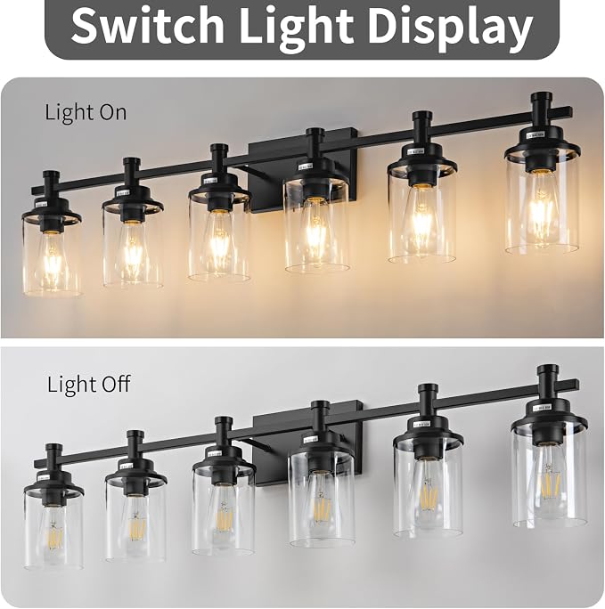 Modern Black Bathroom Vanity Lighting Over Mirror, 6 Lights with Clear Glass Shade, Metal Vanity Light Fixture for Bathroom, Bedroom, Living Room