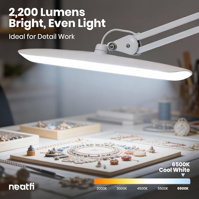 Neatfi XL 2200 Lumens 24W LED Desk Lamp – Shadow-Free Task Lighting | 4-Level Dimming | Home Office & Crafts Use | 20-Inch Wide Head (White, Non-CCT with Clamp)
