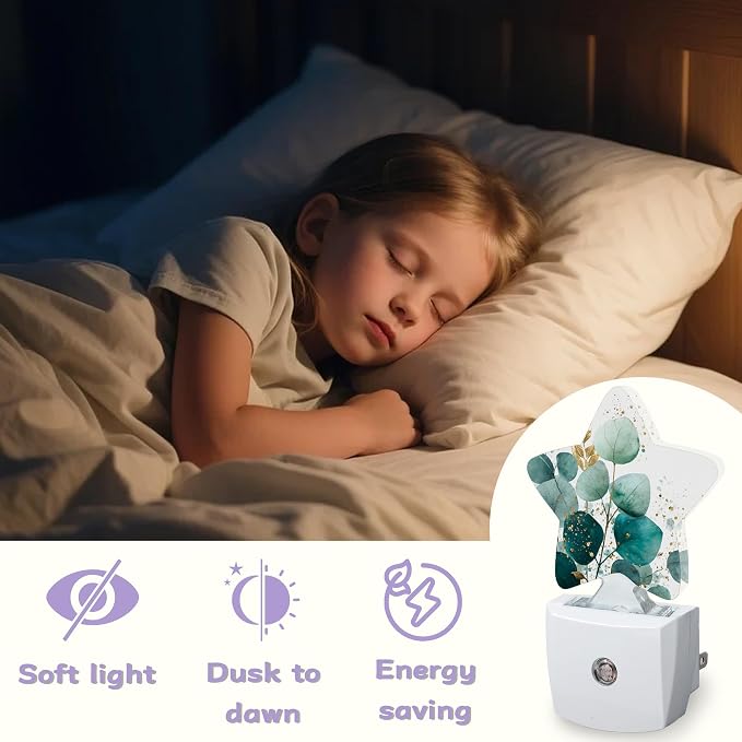 Eucalyptus Gree Night Lights Plug Into Wall Decorative,Gold Foil Nightlight with Dusk Sensor for Bathroom,Kitchen,Entryway,Room Accent,Gifts