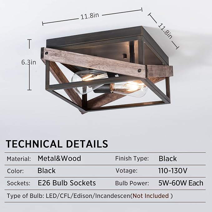 Mayful 2-Light Bronze Farmhouse Flush Mount Ceiling Light Fixturet, Rustic Hallway Light Fixtures with Wood & Metal Design, Industrial Close to Ceiling Light Fixtures for Kitchen Entryway Foyer