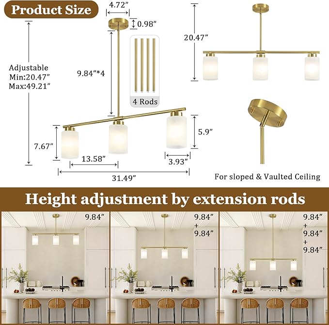 3-Light Gold Kitchen Island Lighting 31" Pendant Light with Milk Glass Shade Adjustable Height Linear Chandelier for Dining Room Modern Farmhouse Light Fixture Over Table, Bar, Living Room, Foyer, E26