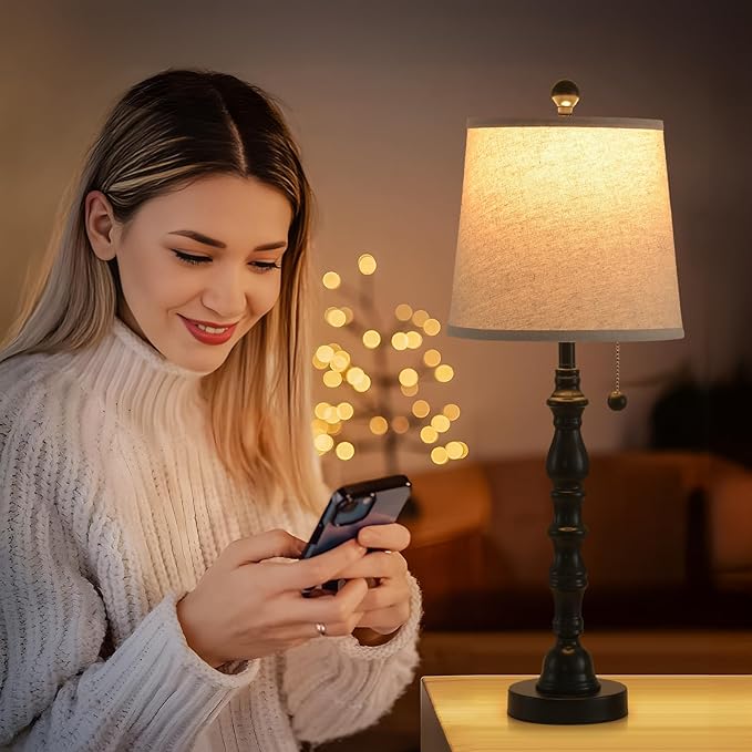 Lamps Set of 2 Modern Farmhouse Table Lamp Bedside Reading Lamps Living Room End Tables Set Lamps for Night Stands Bedroom Night Lamp,High 26.25 Inch,Black,With Fabric Lamp Shade,Bulb Not Included