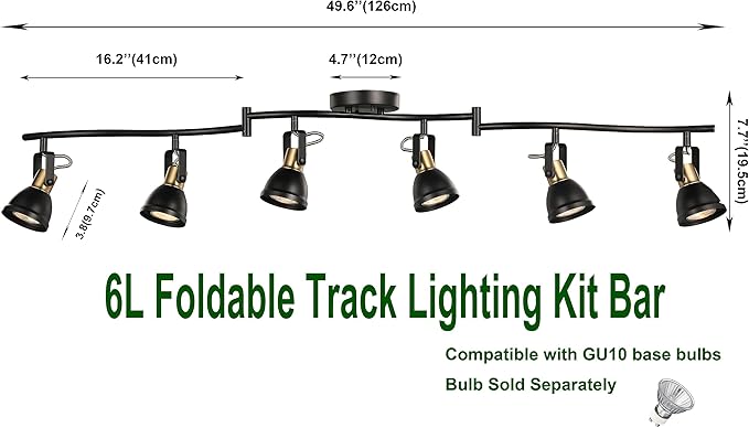 6 Light Foldable Track Lighting Kit,Matt Black Brass Finish Adjustable with Moden Ceiling Flush Mount Spotlight for Kitchen,Dining,Living Room,Home Improvement