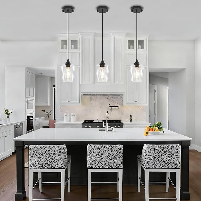 3-Pack Black Pendant Lights Kitchen Island, Modern Glass Pendant Lighting Over Island Kitchen Hanging Light Fixtures Hallway Pendant Lights for Bathroom Dining Room Entryway Foyer Bedroom