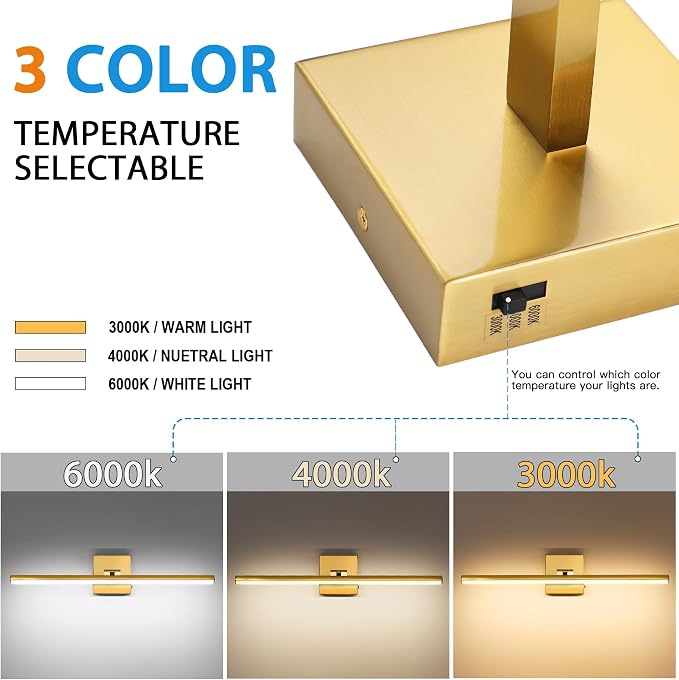 LED Bathroom Vanity Light, Modern Bathroom Light Fixture Over Mirror (3000K/4000K/6000K, Dimmable), Vanity Light Bar with Angle Adjustable, 24 Inch, Brass