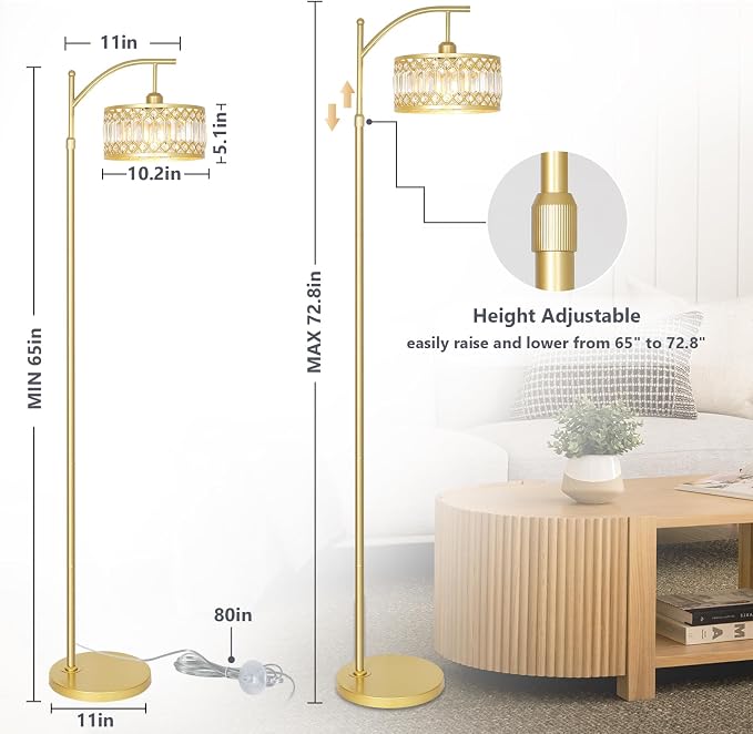 Gold Floor Lamp, Arc Floor Lamp for Bedroom, Standing Lamps for Living Room, Crystal Mid Century Modern Tall Lamp, Corner Stand Up Lamp, Height Adjustable Arched Brass Reading Lamps (Bulb Included)