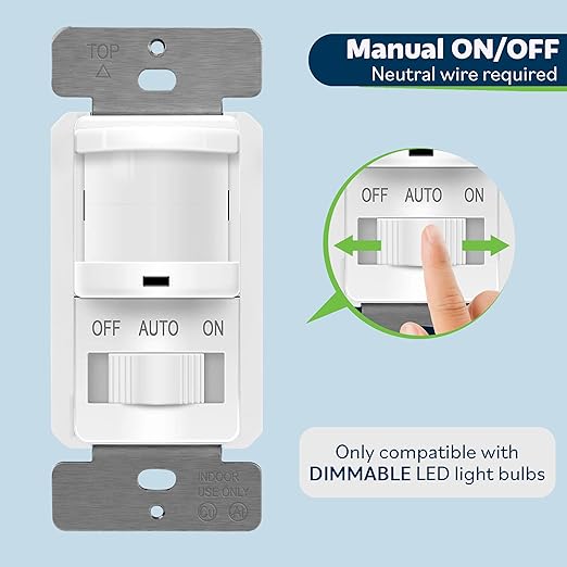 TOPGREENER In-Wall PIR Motion Sensor Light Switch, Single Pole Occupancy Sensor Switch, Motion Sensor Switch, Need Neutral Wire, Wall Plate Included, On/Off Override, 4A, 500W, TSOS5-W, White, 2 Pack