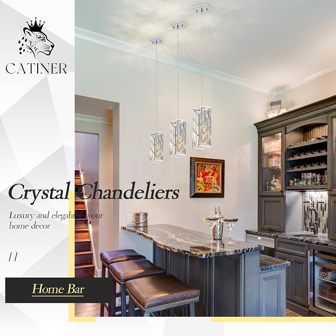 CATINER Chrome Crystal Pendant Light, Mini Hanging Light, E26 | Chrome crystal pendant light with adjustable 70.8" cord, E26 base, dimmable, ideal for kitchen island lighting