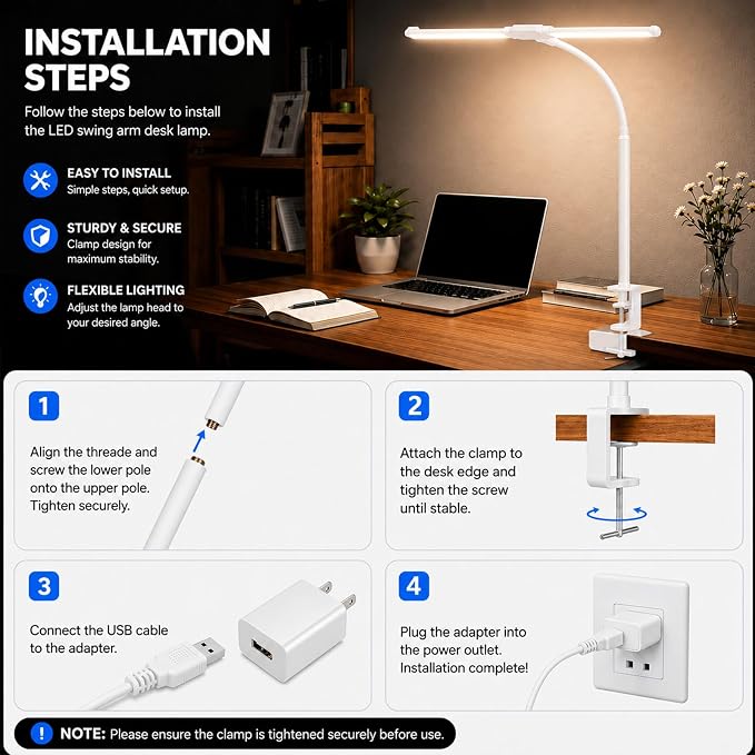 Desk Lamps for Home Office, Computer Light Bar, Double Head, White | Eye-Care Architect Light with Clamp, 3 Color Modes 10 Brightness, Adjustable for Reading, Study, Workbench