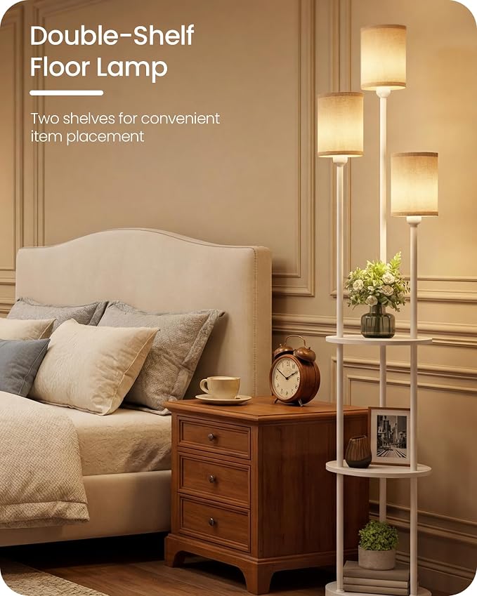 Floor Lamp with Shelves, Modern Floor Lamp with 3 Linen Shades and Foot Switch, 3-Light Standing Lamp, for Living Room, Bedroom, Study, Office, White W53LD05
