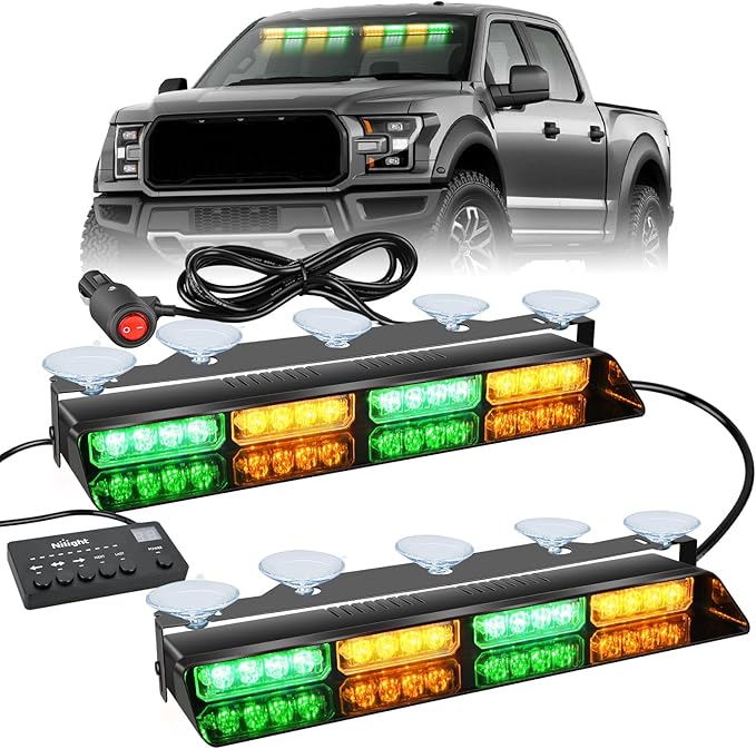 Nilight 32LED Amber Green Emergency Dash Strobe Lights with Controller | Suction Cups Warning Hazard Interior Front/Rear Windshield Deck Split Light Bar for Trucks Construction Vehicles