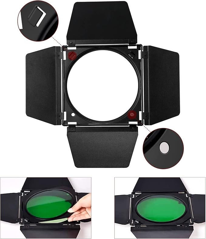 Godox BD-04 Barn Door & Honeycomb Grid &4 Color Gel Filters Compatible for Standard Reflectors Accessories kit