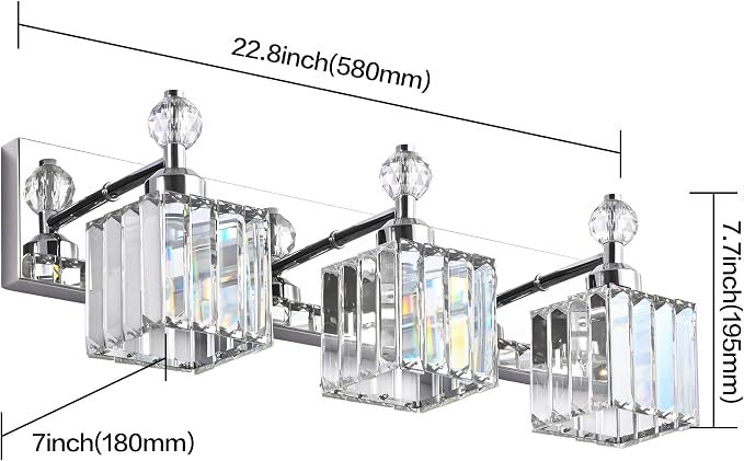 PRESDE Crystal 3-Light Vanity Light for Bathroom，Chrom Modern Bathroom Lights Fixtures Over Mirror
