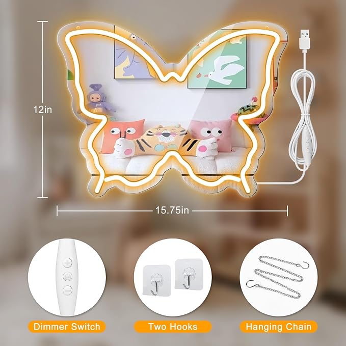 Butterfly Neon Sign Mirror, LED Neon Signs for Wall Decor, 15.7'' x 12'' Dimmable Neon Light for Teen Girls & Kids Birthday Party Gift, Neon Sign for Girl Room Decor, Wall Mirror, USB Powered (Warm White)