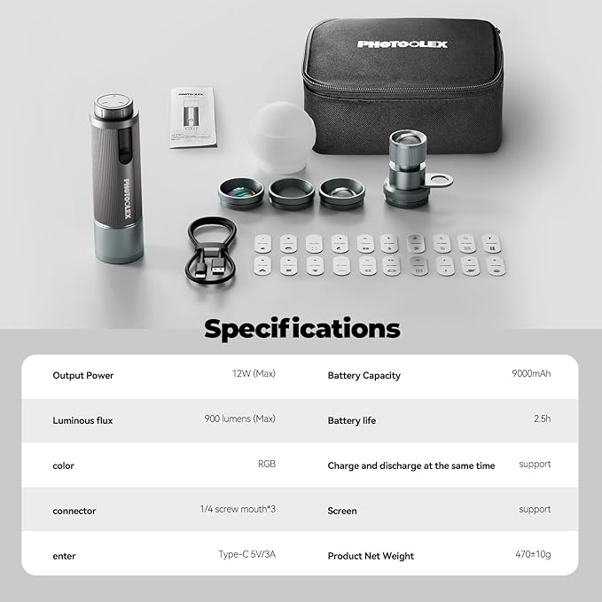 PHOTOOLEX PRO 12W Portable RGB Photography Spotlight, 360 ° Full Color Photography Flashlight Gobo Light, Conical Optical Snoot Kit with 20 Metal Filters/9000mAh/3 Lens/CRI 96+/12 Effects, APP Control