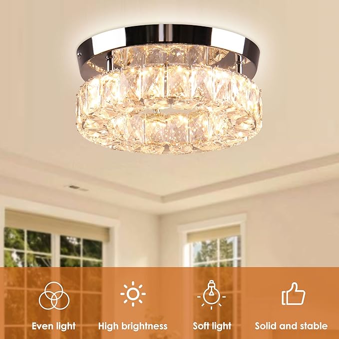 9.8" Modern Mini LED Chandelier Crystal Ceiling Light Flush Mount Light Fixture Ceiling Mount for Hallway Foyer Kitchen Closet (Warm White)