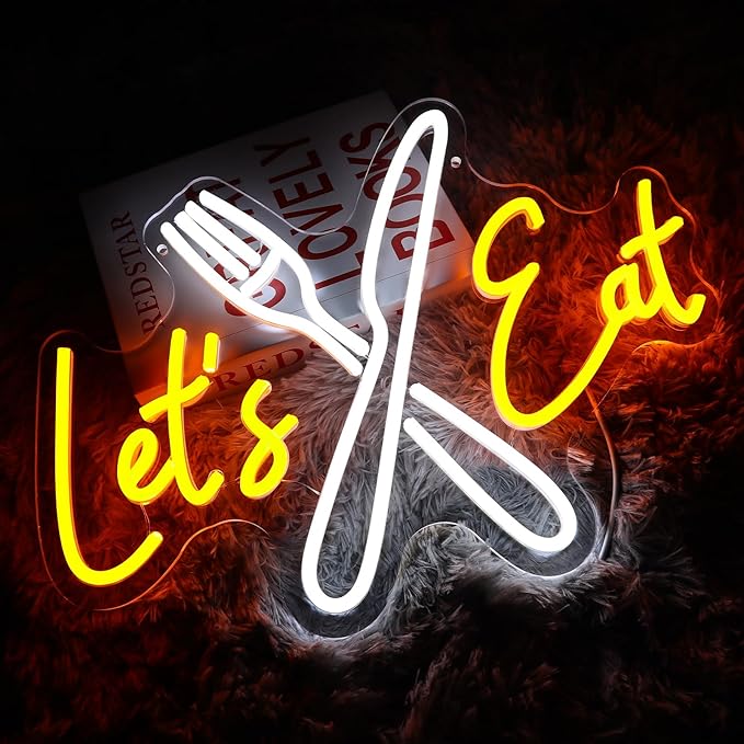 Let's Eat Neon Sign for Wall Decor Dimmable Knife Fork Led Sign for Restautant Lets Eat Neon Light for Kitchen Cafe Food Bar Cooking Dining Room Luncheonette Bistro Party Decoration