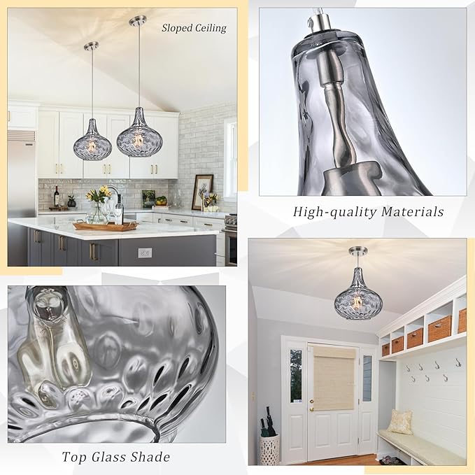 11" Smoked Hammered Glass Pendant Light – Blown Glass Ceiling Fixture with Brushed Nickel Finish, Modern Industrial Lighting for Kitchen Island, Dining Room, Hallway, Living Room