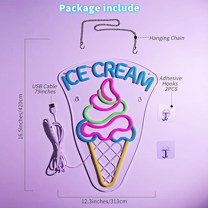 Ice Cream Neon Sign - Dimmable Dessert Bar LED Light for Business & Party Decor, Christmas Birthday Gifts for Ice Cream Lovers