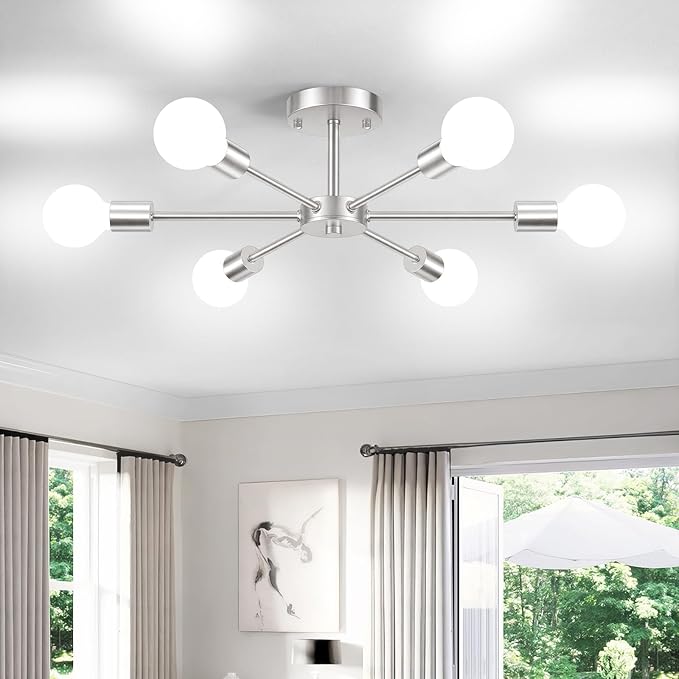 Lomoky 6-Lights Brushed Nickel Kitchen Light Fixtures Ceiling Mount, Modern Semi Flush Mount Ceiling Light, Sputnik Close to Ceiling Light for Bedroom Dining Room Hallway