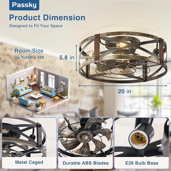 Passky 20" Caged Ceiling Fans with Lights and Remote, Low Profile Fandelier | Reversible DC Motor, 1/2/4H Timer, 6 Speeds, Farmhouse Style, Quiet Operation, for Bedroom, Kitchen, Dining Room, Living Room