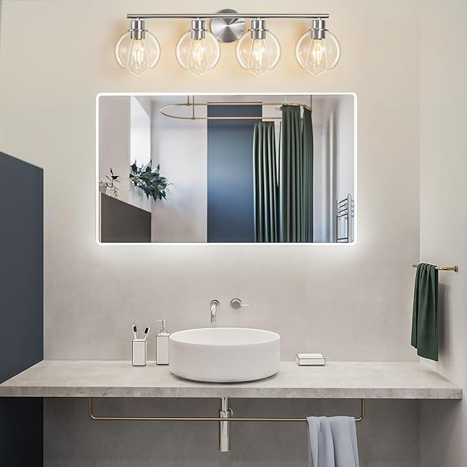 Bathroom Light Fixtures Over Mirror 4-Lights Bathroom Vanity Light with Clear Globe Glass Shade 29.5 inch Modern Brushed Nickel Vanity Lights Wall Sconce Lighting for Bath