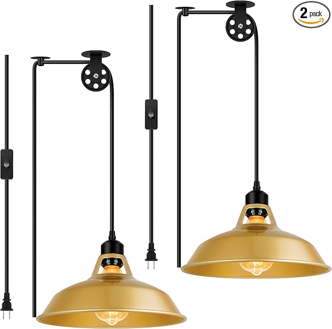 Plug in Gold Pendant Light, Mid Century Hanging Lights with Plug in Cord 14.76ft, Adjustable Pulley, Rustic Hanging Ceiling Lamp with On/Off Switch for Kitchen, Living Room, Pool Table (2 Pack)