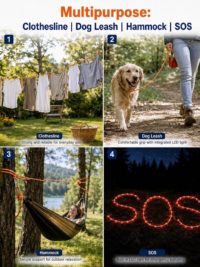 Camping Rope with Light 12FT 660LB LED Illuminated Nylon | Tent Rope for Hammock Clothesline Dog Leash SOS Emergency Type-C Touch Switch IP68 Waterproof Orange
