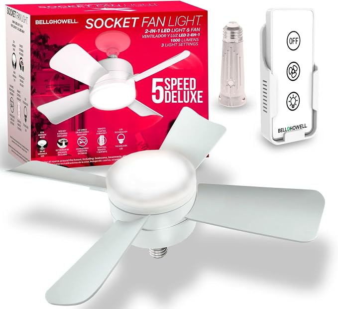 Bell+Howell Socket Breeze Light 5-Speed Deluxe LED – Ceiling Fans with Lights and Remote Control – For Bedroom, Kitchen, Living Room,1000 Lumens / 5000 Kelvins As Seen On TV