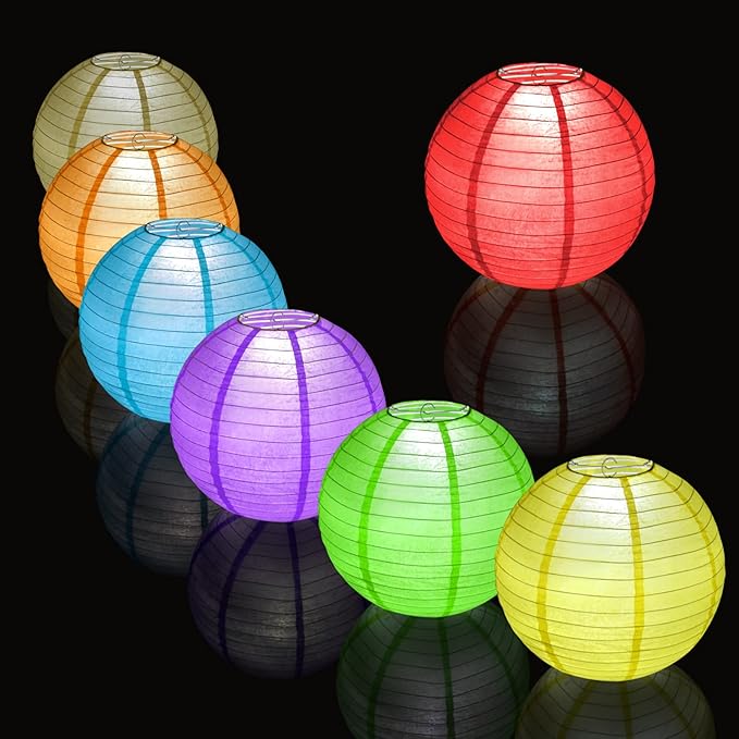 12 Pcs Red Paper Lanterns with 12 Pcs White LED Lights, 6" 8" 10" 12" Round Hanging Ball Lantern for Christmas Valentine's Day 4th of July Party