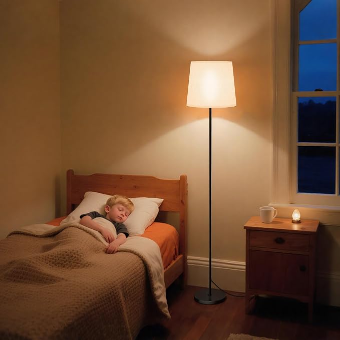 Dimmable Floor Lamp with Linen Shade for Living Room | Dimmable LED Standing Lamp with Remote & Foot Switch, Modern Floor Reading Light for Bedroom Office Corner