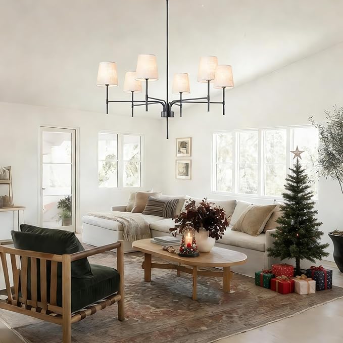 2026 New Black Chandeliers for Dining Room Light Fixture over Table, 34" 6-Light Transitional Modern Farmhouse Chandelier with White Fabric Shade, Pendant Lighting for Kitchen Island Living Room Foyer