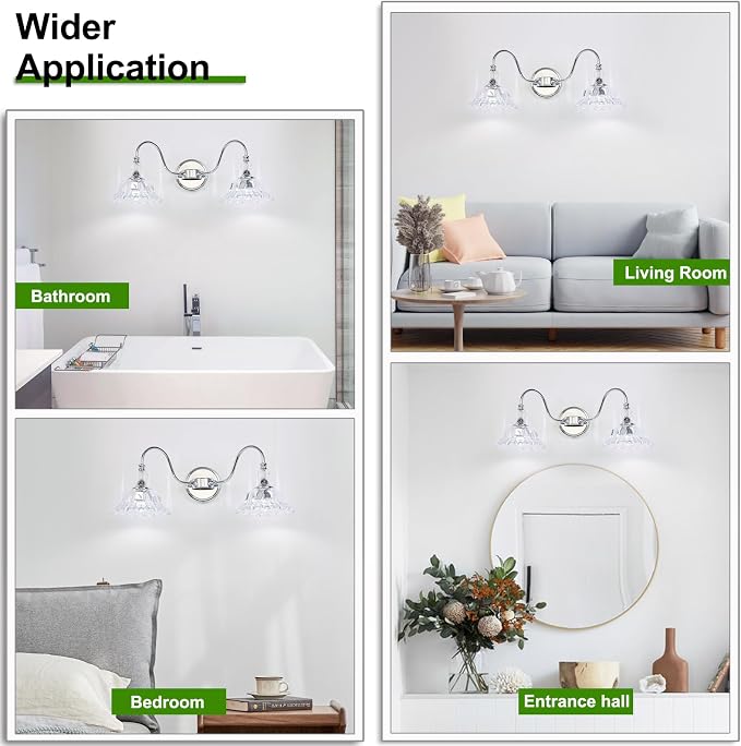 Modern Bathroom Vanity Light Fixtures 2 Lights Chrome Vanity Lights for Bathroom with Floral Crystal Glass Shade Modern Wall Lamp for Mirror(Exclude E26 Bulb)