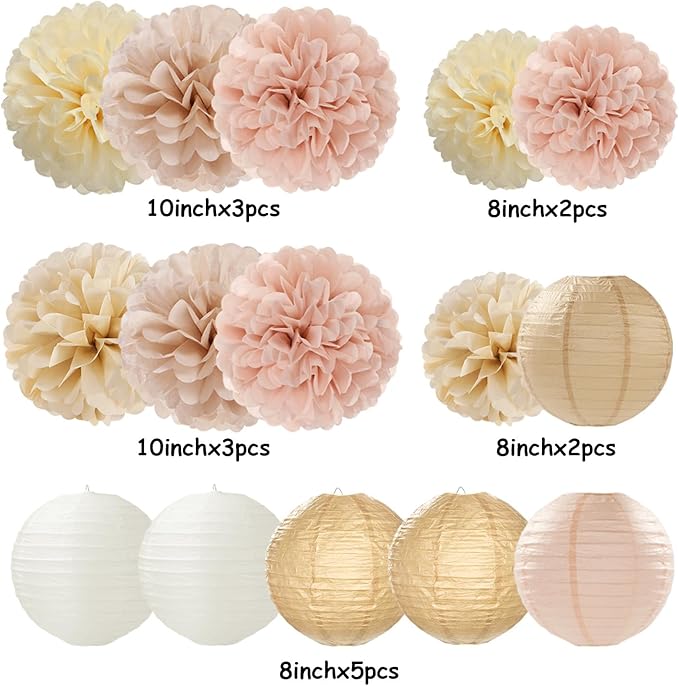 Champagne-Gold White Party-Decorations Paper-Flowers Lanterns - 15PCS Boho Fall Rustic Tissue Pom Poms Streamers,Wedding Baby Bridal Shower Neutral Autumn Birthday Hanging Supplies Decor Hugfond