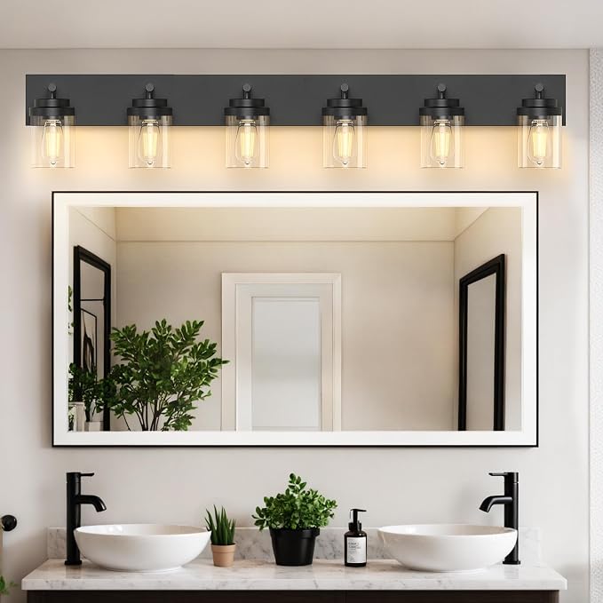 IZORRO Bathroom Vanity Light Fixture, 6-Light 46 Inch Matte Black Bathroom Light Fixtures Over Mirror, with Clear Glass Shade, Modern Farmhouse Vanity Lights, Rustic Restroom Lighting Fixtures
