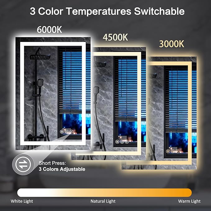 48"x 32" LED Bathroom Mirror with Light, Front and Backlit LED Mirror for Bathroom, Anti-Fog, Stepless Dimmable, 3 Colors, LED Vanity Mirror with Lights, Memory Function, Tempered Glass