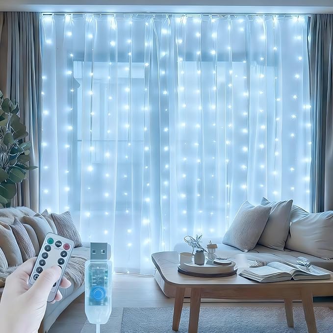 Fairy Curtain Lights, 200 LED Upgraded Tangle-Free Hanging Lights with Remote, USB Plug in String Lights for Bedroom Wall Window Wedding Party Xmas Home Décor - 6.6 x 6.6 Ft, Cool White