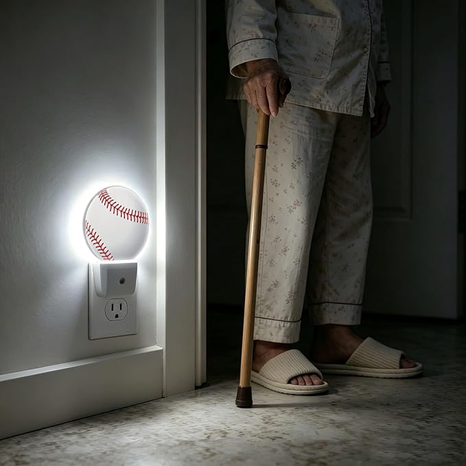 Nightlight Baseball Stitch Night Lights Plug Into Wall Auto Sensor | Sports Design American Ball Night Light Auto Led Sleep Round Lamp for Living Room Hallway Stairs