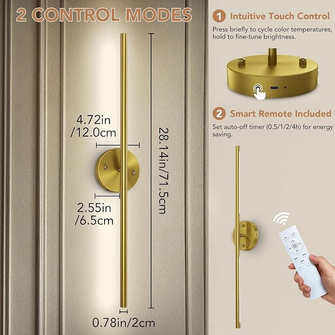 TONYFUL Battery Operated Wall Sconce Set of 2, Rechargeable Wall Lamp with 6000mAh Dimmable Bulbs and Remote, 3000K-6500K LED Wireless Wall Lights for Bedroom, Living Room, Hallway Decor, Background
