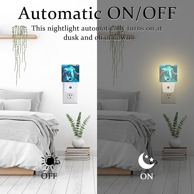 Watercolor Turquoise Mermaid Night Light for Kids,Navy Blue Golden Marble Night Light Plug in with Dusk to Dawn Sensor,0.5w Energy Saving Nightlight for Hallway Stairway Kitchen Bedroom