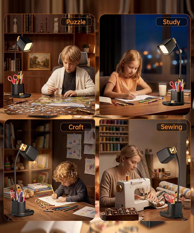LED Desk Lamp with 2 USB Ports, Storage Box, Small Table Lamp for Home Office, Bedroom, College Dorm Room, Gooseneck Desk Light with Charger for Study, Reading, Craft, Work, Task, Dorm Room Essentials