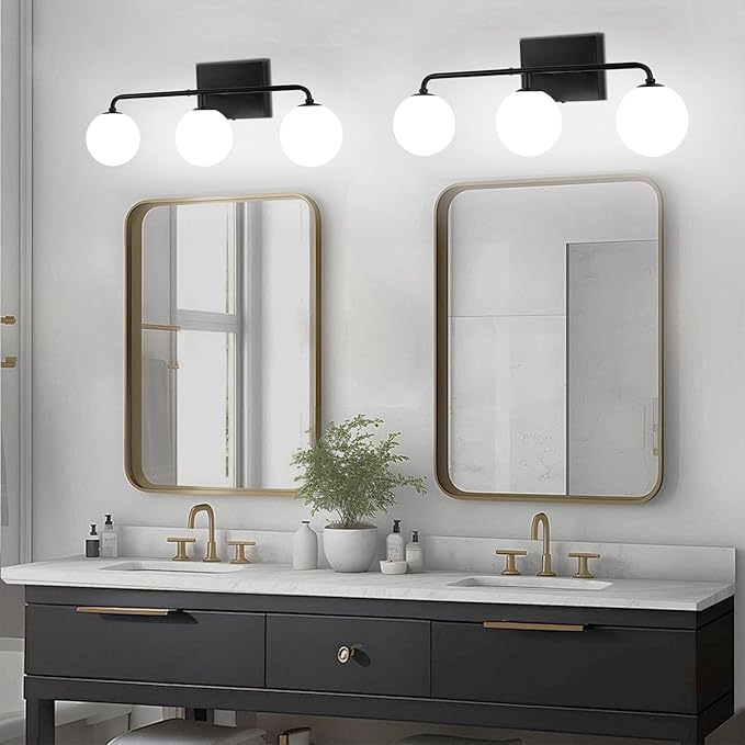 24.8" Black Globe Bathroom Vanity Light, 3-Light Mid Century Light Fixtures Over Mirror, Modern Vanity Lighting with Milk White Glass Shade for Bathroom Bedroom Living Room Hallway